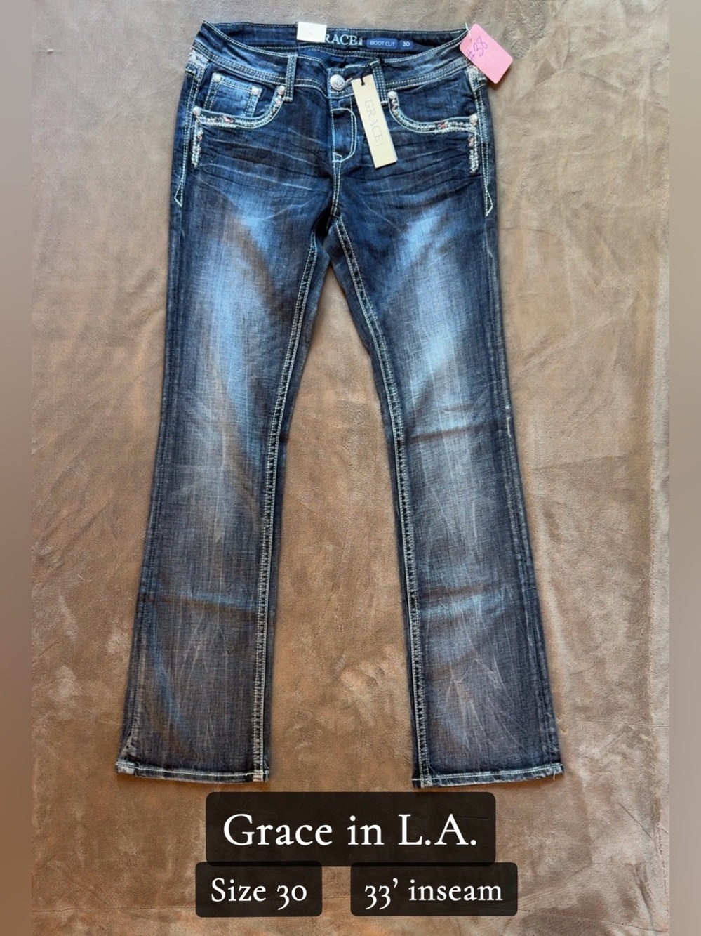Grace in LA Dark Blue Bootcut Jeans with Faded Whiskering